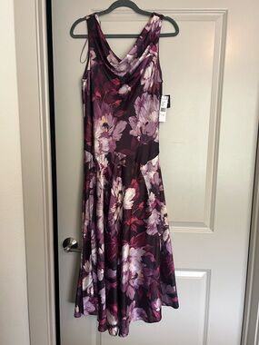 Robbie Bee Floral Cowl-Neck Midi Dress in Plum and Lilac